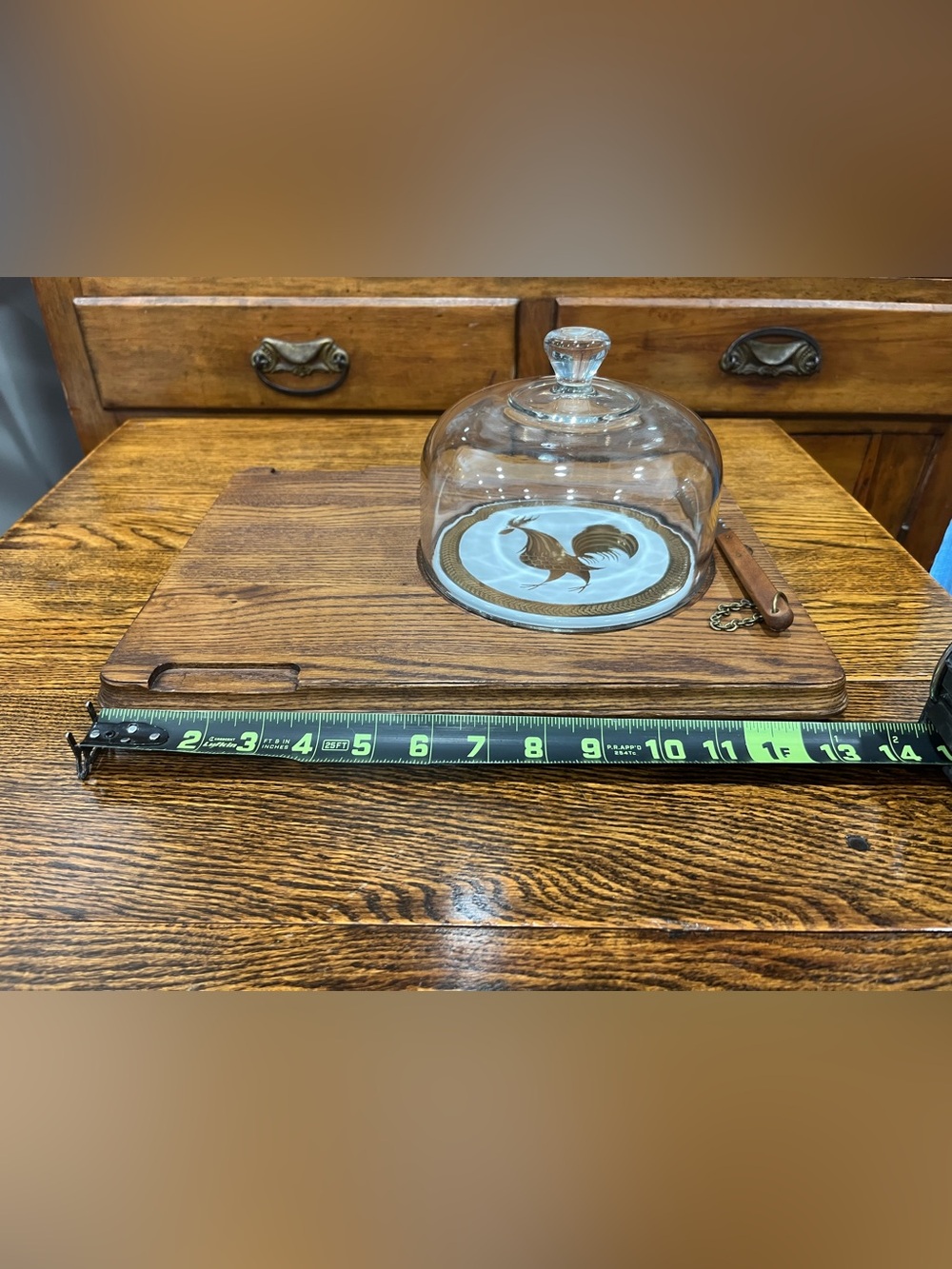 Vintage MCM Wooden Cheeseboard with Glass Dome & Rooster Design Cottagecore Farm - Picture 2 of 6